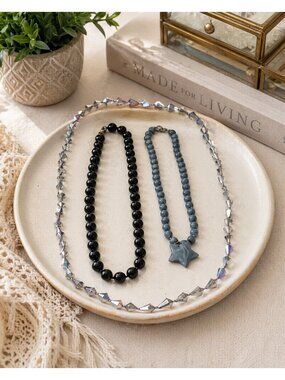 Vintage Necklace Lot Black Bead Gray Star Pendant AB Crystal Strand 3 Piece Set